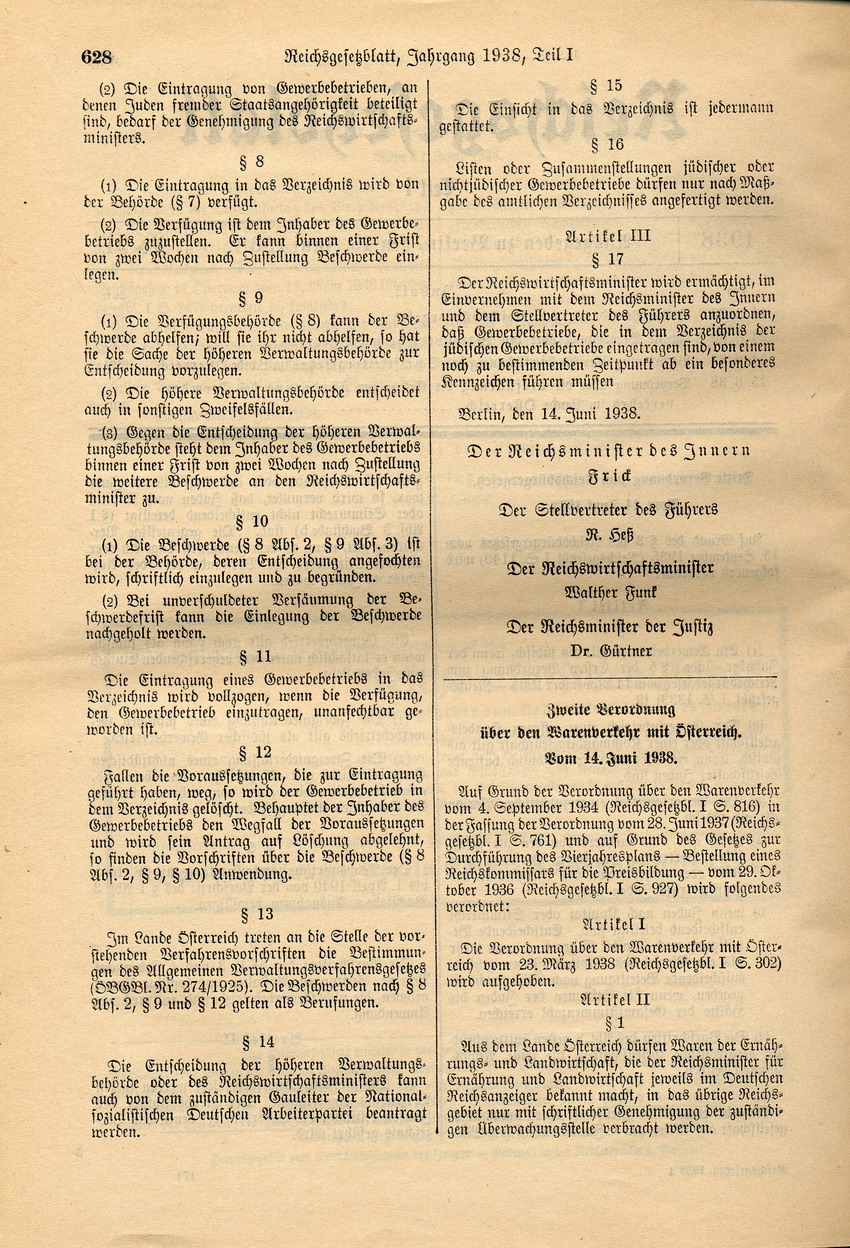 Dritte Verordnung zum Reichsbürgergesetz betreffend jüdische Gewerbebetriebe, 14. Juni 1938.