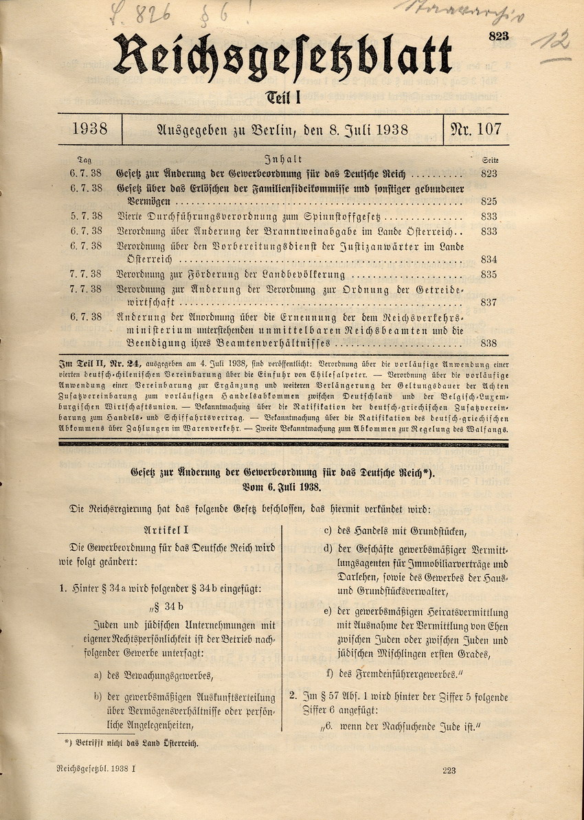 Gesetz betreffend Änderung der Gewerbeordnung für das Deutsche Reich, 6. Juli 1938.