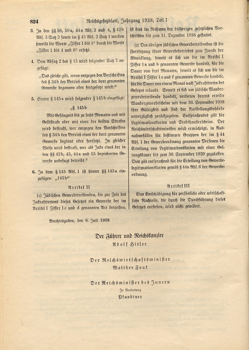 Gesetz betreffend Änderung der Gewerbeordnung für das Deutsche Reich, 6. Juli 1938.