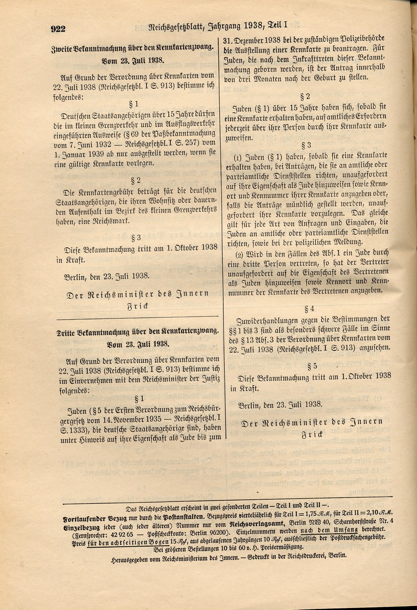 Dritte Bekanntmachung betreffend Kennkartenzwang für Juden, 23. Juli 1938.