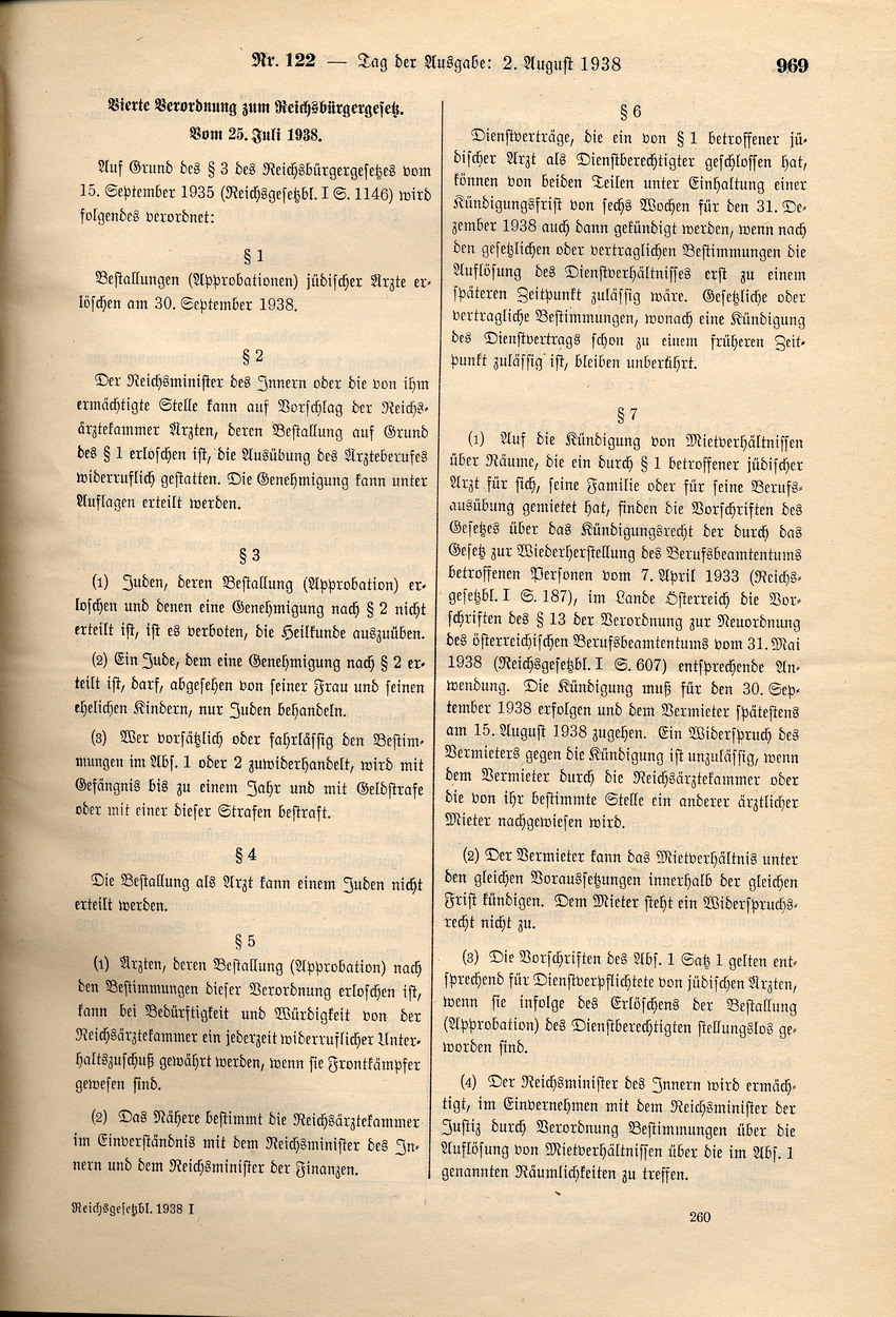 Vierte Verordnung zum Reichsbürgergesetz betreffend Streichung der Approbation jüdischer Ärzte ab 30. September 1938, 25. Juli 1938.