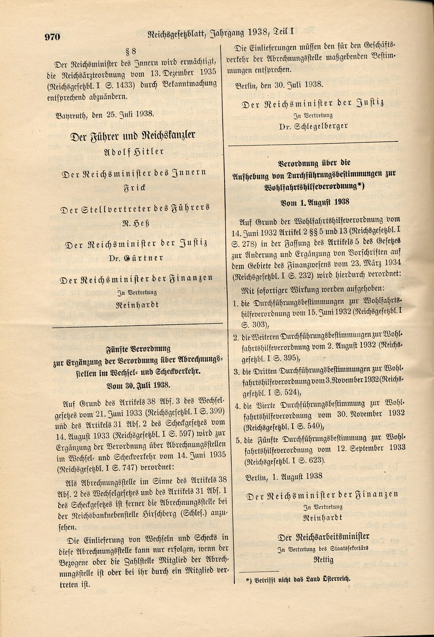 Vierte Verordnung zum Reichsbürgergesetz betreffend Streichung der Approbation jüdischer Ärzte ab 30. September 1938, 25. Juli 1938.