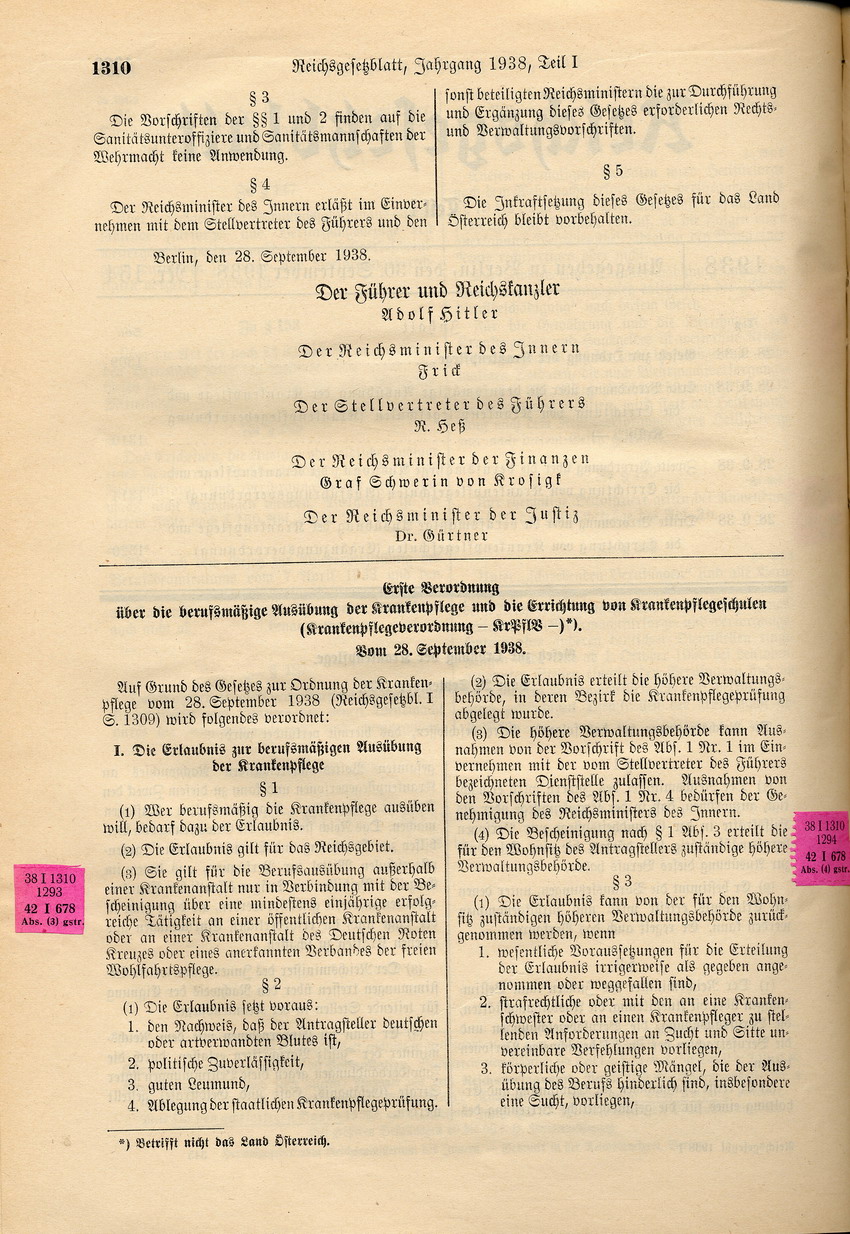 Erste Verordnung betreffend Krankenpflegeberufe und -schulen: Krankenpflege durch Juden nur an Juden oder in jüdischen Anstalten, 28. September 1938.