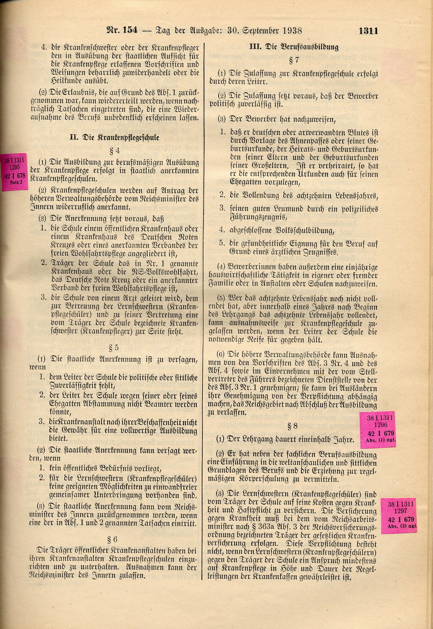 Erste Verordnung betreffend Krankenpflegeberufe und -schulen: Krankenpflege durch Juden nur an Juden oder in jüdischen Anstalten, 28. September 1938.