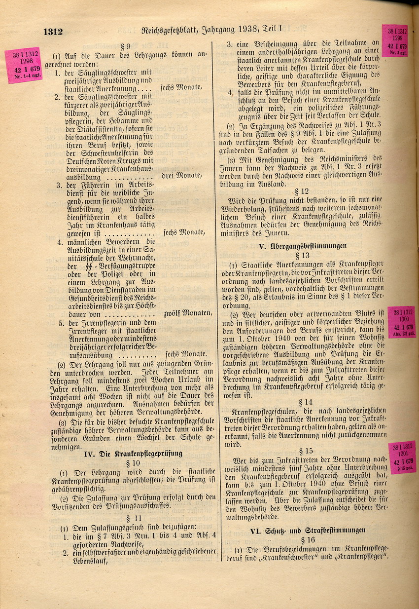Erste Verordnung betreffend Krankenpflegeberufe und -schulen: Krankenpflege durch Juden nur an Juden oder in jüdischen Anstalten, 28. September 1938.