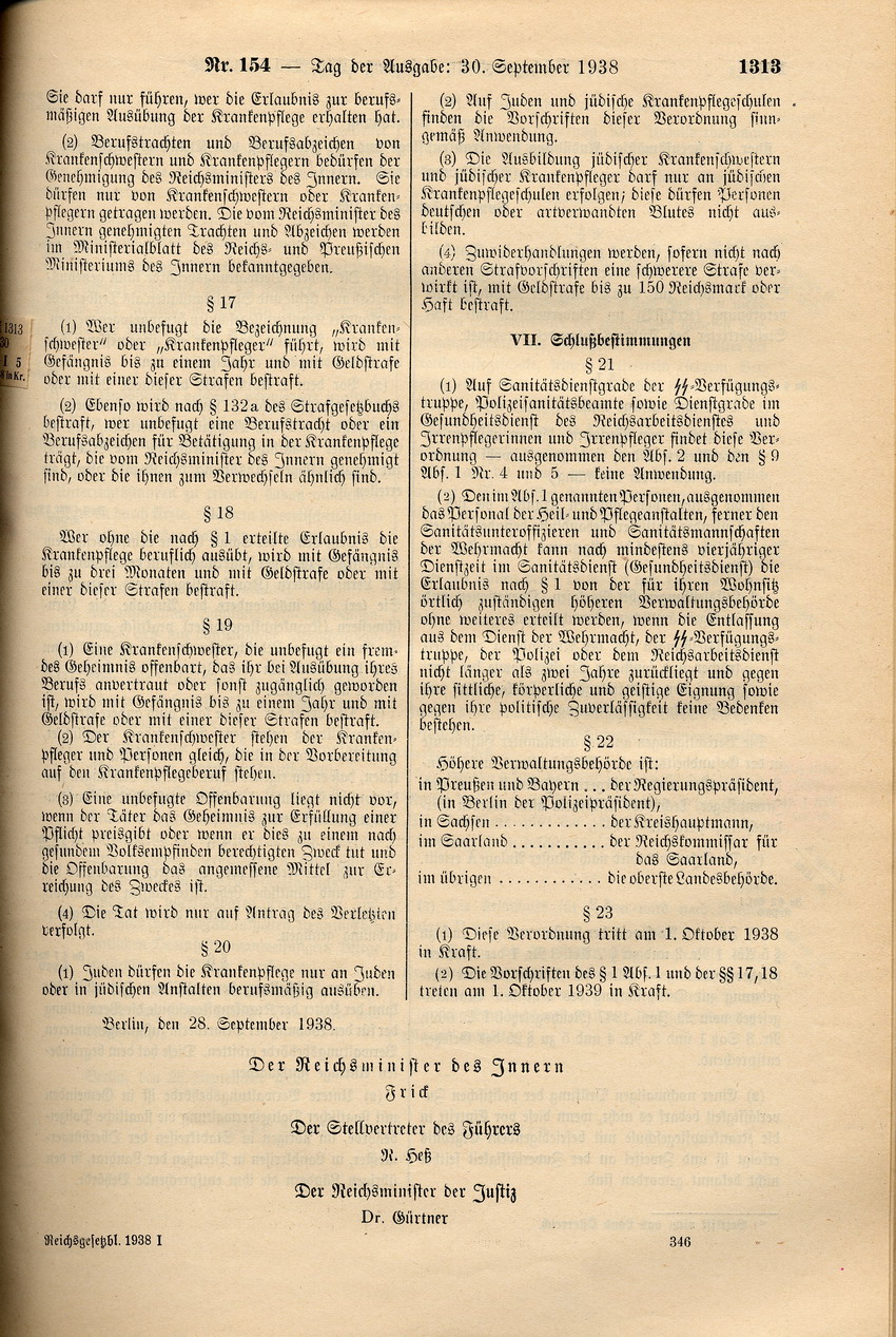 Erste Verordnung betreffend Krankenpflegeberufe und -schulen: Krankenpflege durch Juden nur an Juden oder in jüdischen Anstalten, 28. September 1938.
