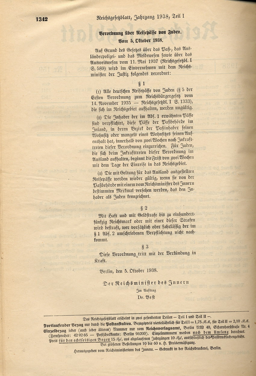 Verordnung über Reisepässe von Juden, 5. Oktober 1938.