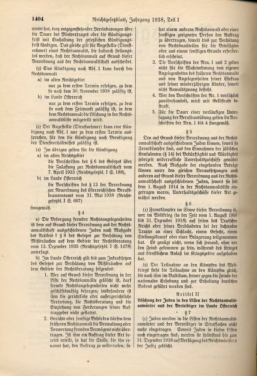 Fünfte Verordnung zum Reichsbürgergesetz betreffend Streichung der Zulassung jüdischer Rechsanwälte ab 30. November 1938 und Rechtsvertretung von Juden durch "jüdische Konsulenten", 27. September 1938.