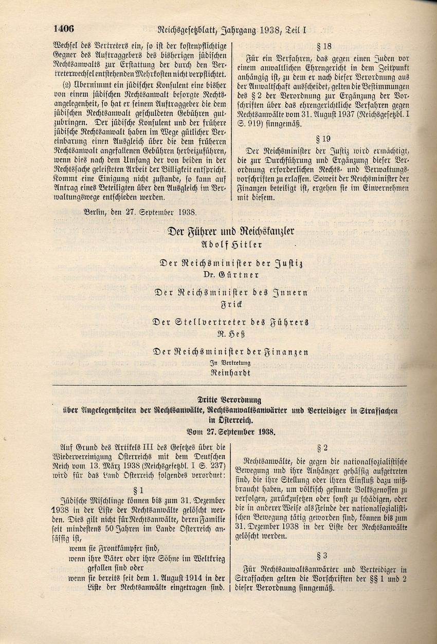 Fünfte Verordnung zum Reichsbürgergesetz betreffend Streichung der Zulassung jüdischer Rechsanwälte ab 30. November 1938 und Rechtsvertretung von Juden durch "jüdische Konsulenten", 27. September 1938.