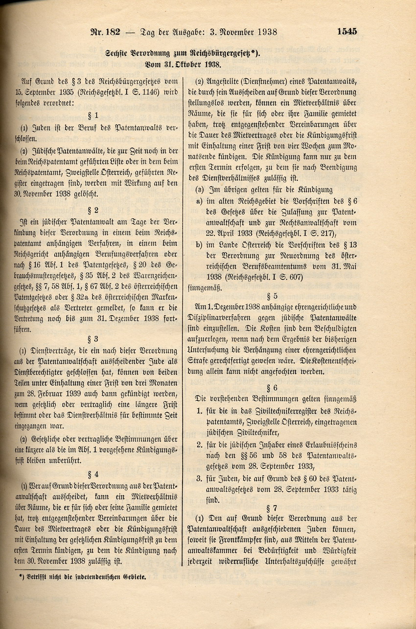 Sechste Verordnung zum Reichsbürgergesetz betreffend Streichung jüdischer Patentanwälte aus den beim Reichspatentamt geführten Listen, 31. Oktober 1938.