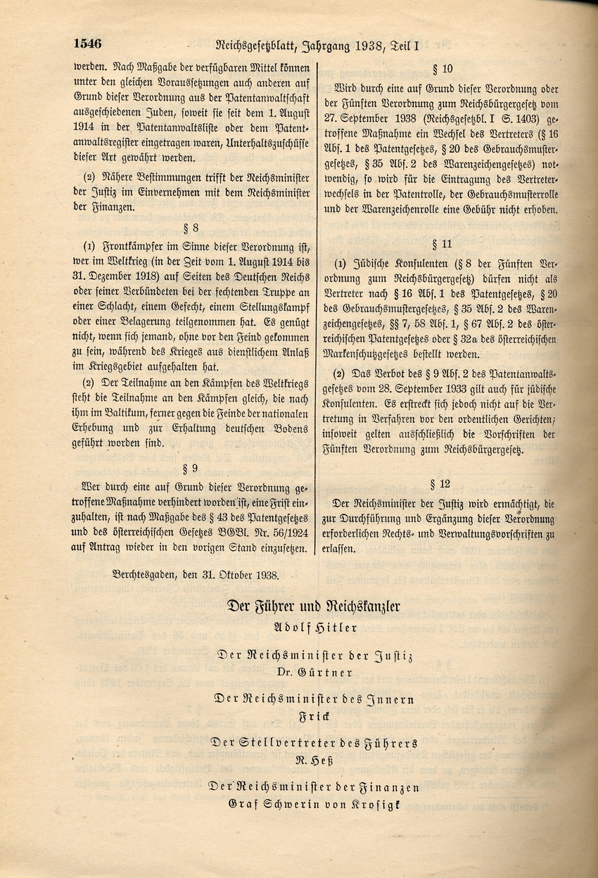 Sechste Verordnung zum Reichsbürgergesetz betreffend Streichung jüdischer Patentanwälte aus den beim Reichspatentamt geführten Listen, 31. Oktober 1938.