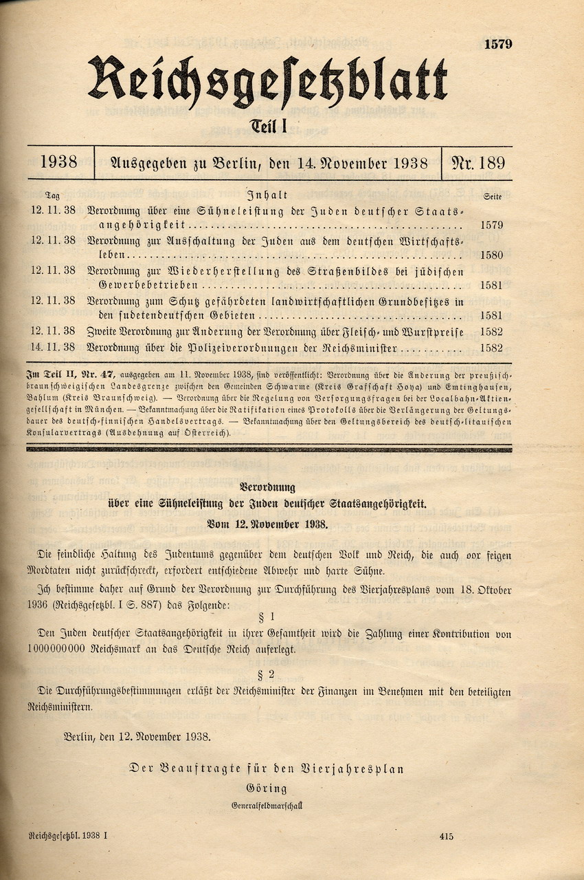 Verordnung über eine Sühneleistung der Juden deutscher Staatsangehörigkeit, 12. November 1938.