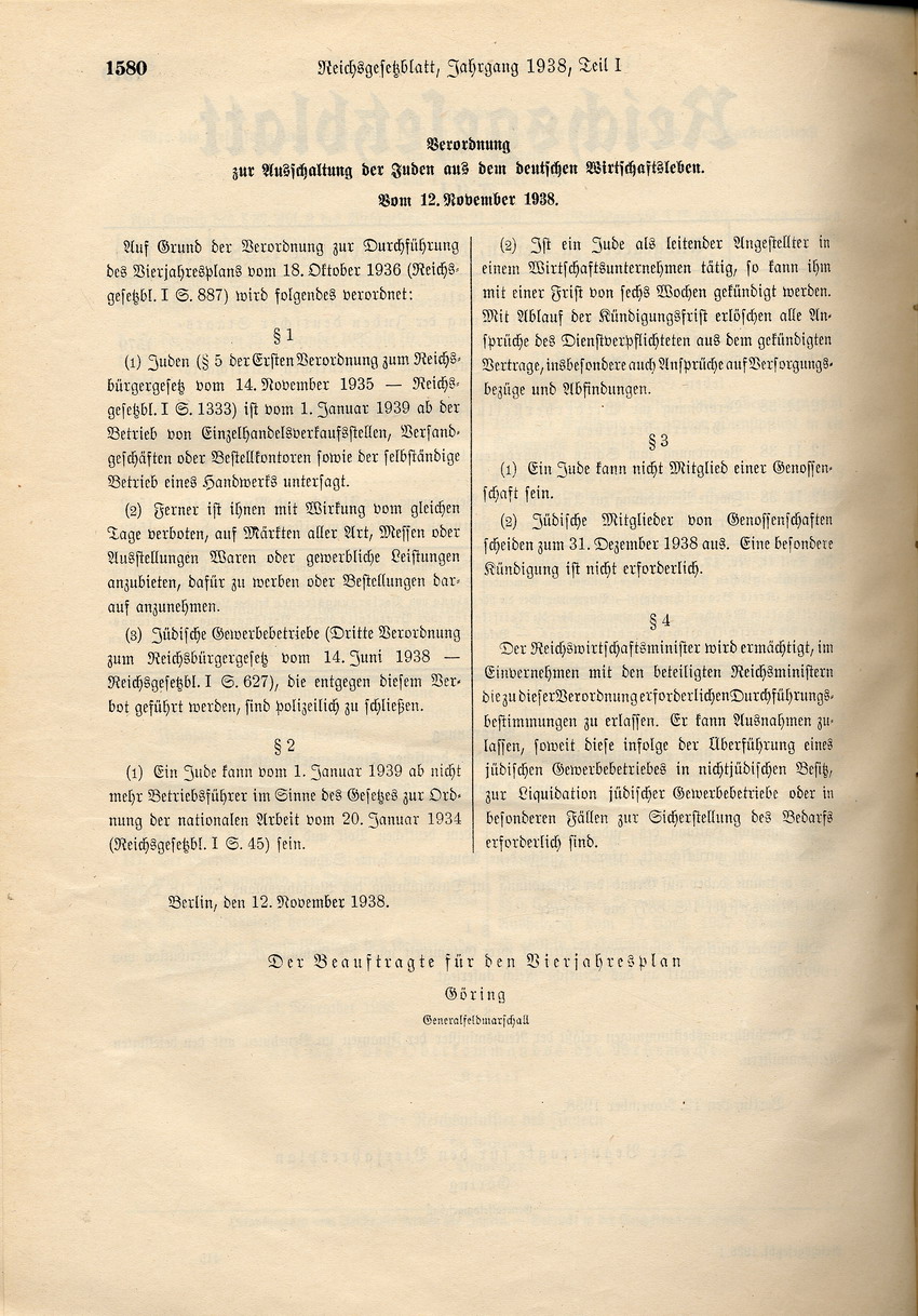 Verordnung betreffend "Ausschaltung der Juden aus dem deutschen Wirtschaftsleben", 12. November 1938.