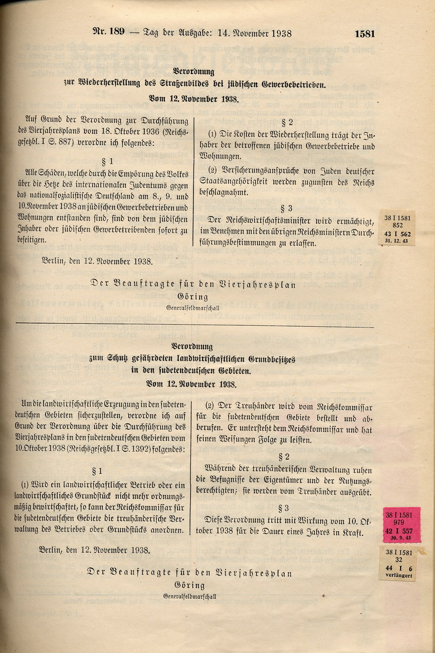 Verordnung zur Wiederherstellung des Straßenbildes bei jüdischen Gewerbebetrieben, 12. November 1938.