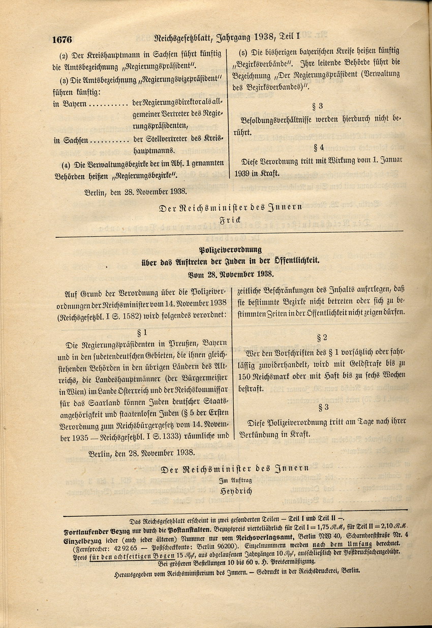 Polizeiverordnung über das Auftreten der Juden in der Öffentlichkeit, 28. November 1938.