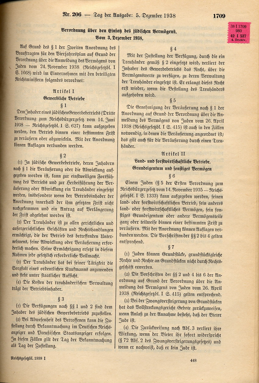 Verordnung betreffend "Einsatz des jüdischen Vermögens", 3. Dezember 1938.