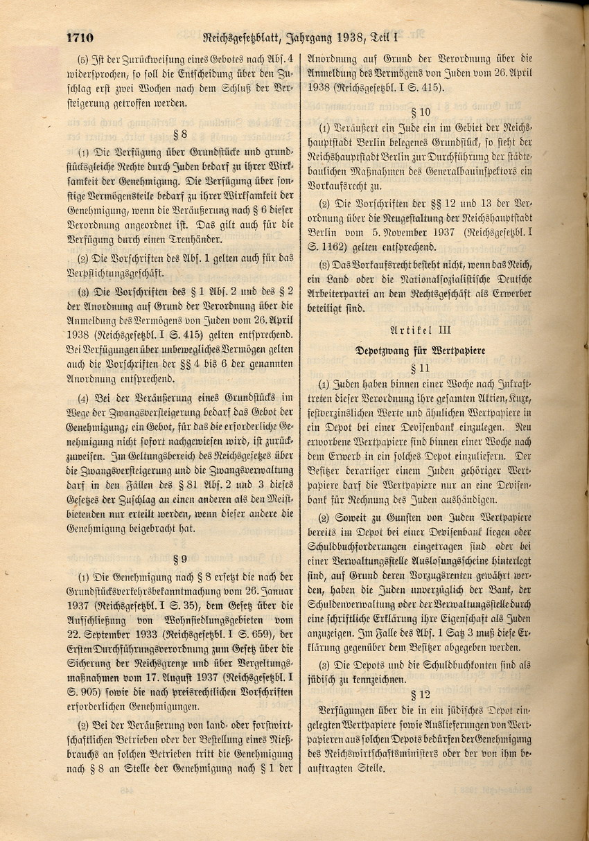 Verordnung betreffend "Einsatz des jüdischen Vermögens", 3. Dezember 1938.