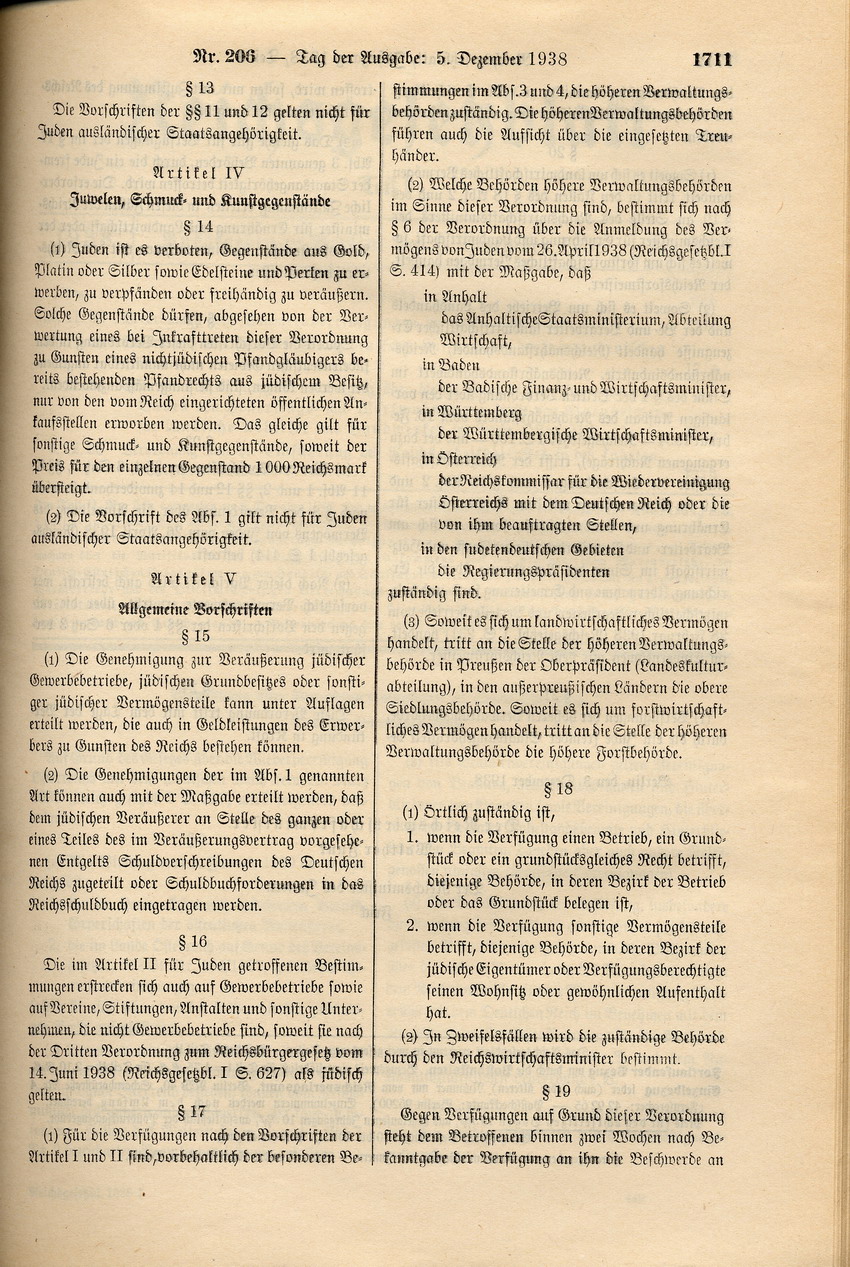 Verordnung betreffend "Einsatz des jüdischen Vermögens", 3. Dezember 1938.