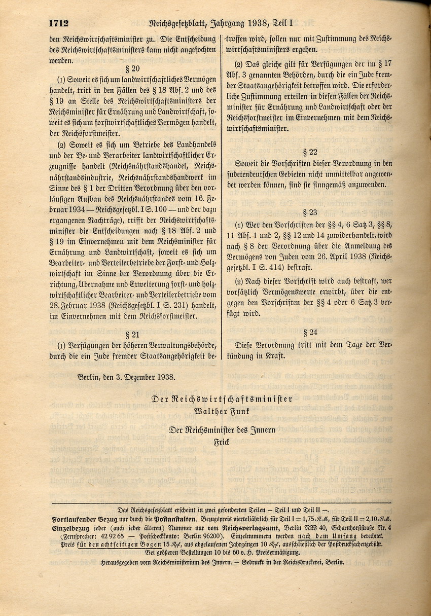 Verordnung betreffend "Einsatz des jüdischen Vermögens", 3. Dezember 1938.