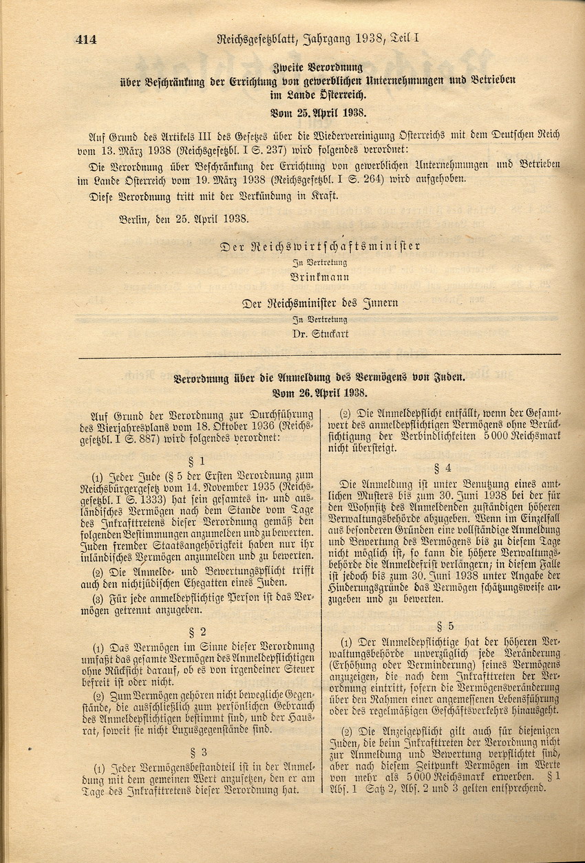 Verordnung über die Anmeldung jüdischen Vermögens, 26. April 1938.