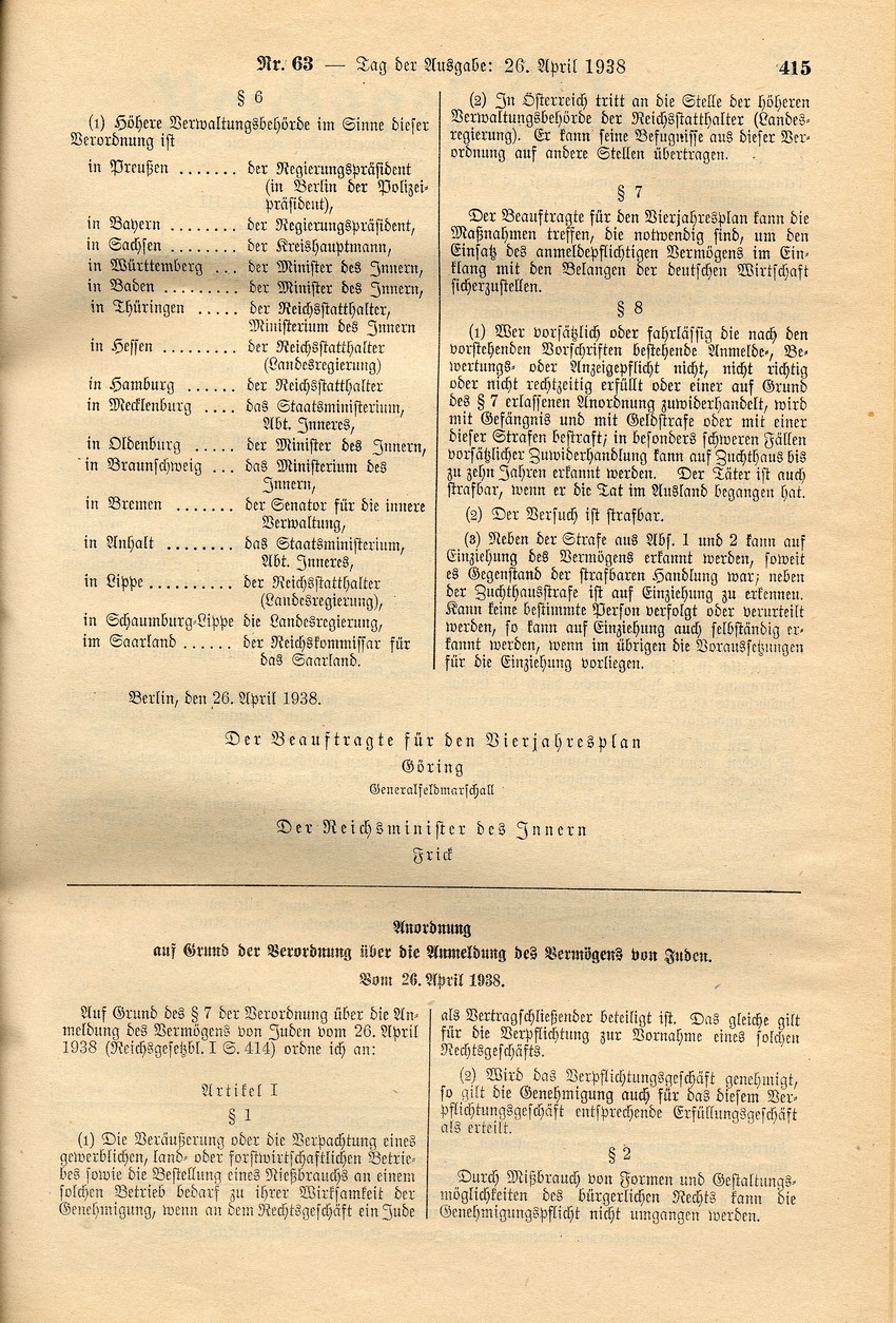Verordnung über die Anmeldung jüdischen Vermögens, 26. April 1938.