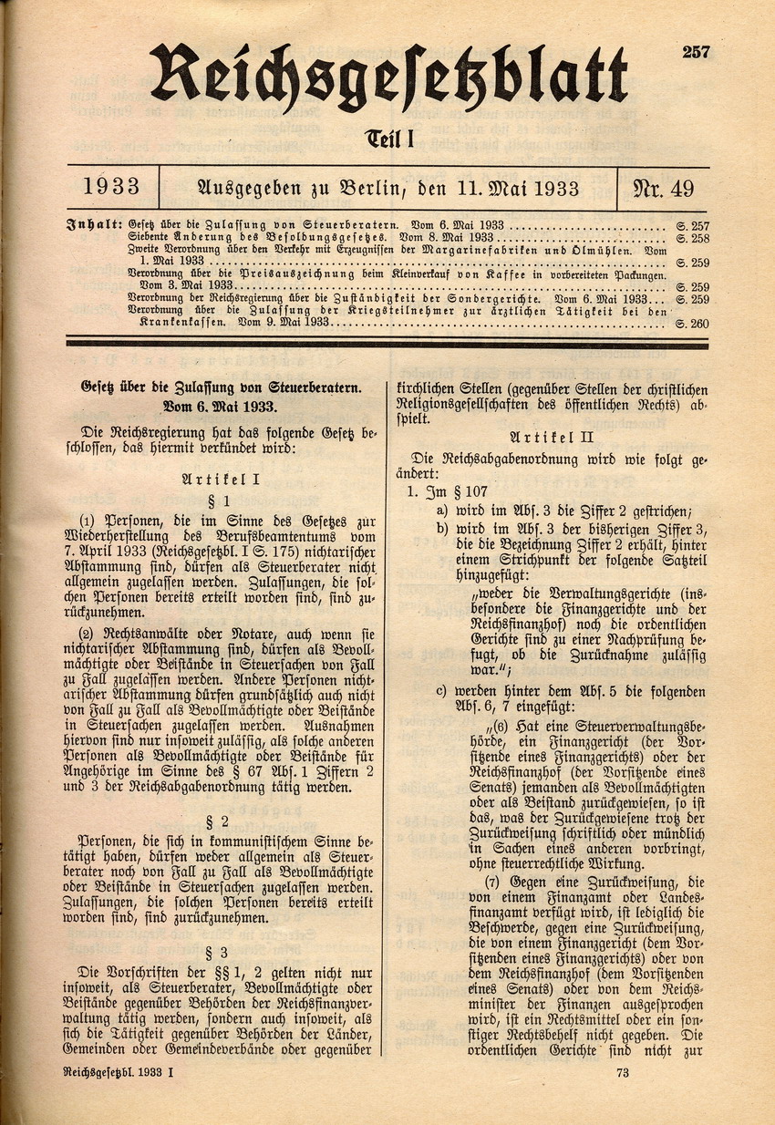 Gesetz über die Zulassung von Steuerberatern, 6. Mai 1933.