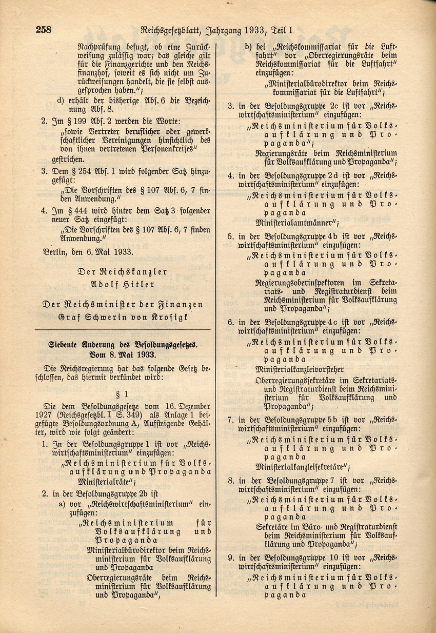 Gesetz über die Zulassung von Steuerberatern, 6. Mai 1933.