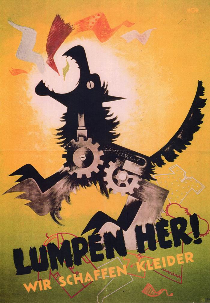 Plakat: "Reißwolf - Lumpen her!" für die Altkleidersammlung