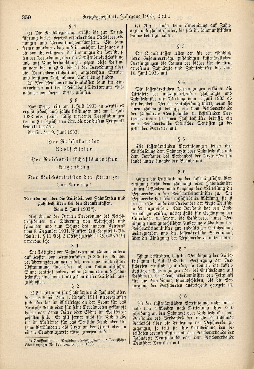 Verordnung über die Tätigkeit von Zahnärzten und Zahntechnikern bei den Krankenkassen, 2. Juni 1933.