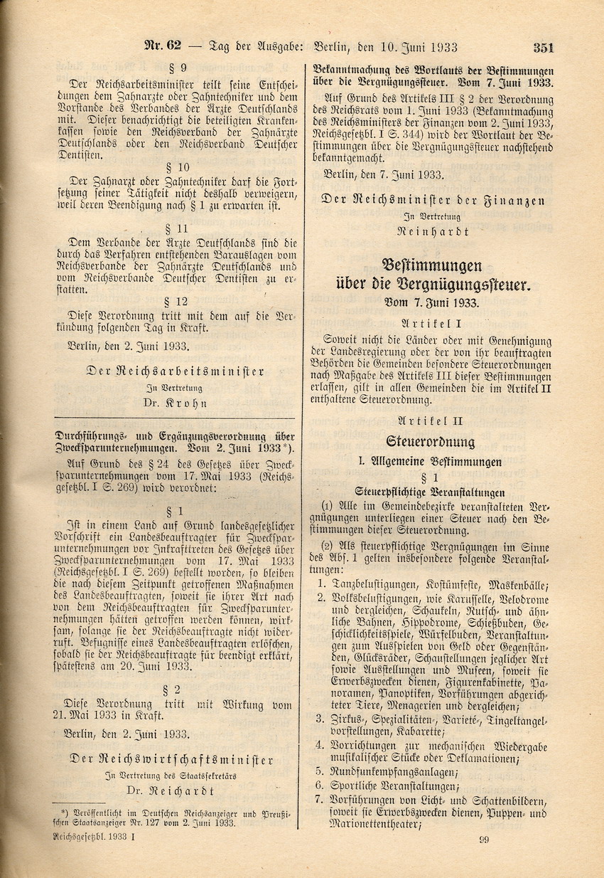 Verordnung über die Tätigkeit von Zahnärzten und Zahntechnikern bei den Krankenkassen, 2. Juni 1933.