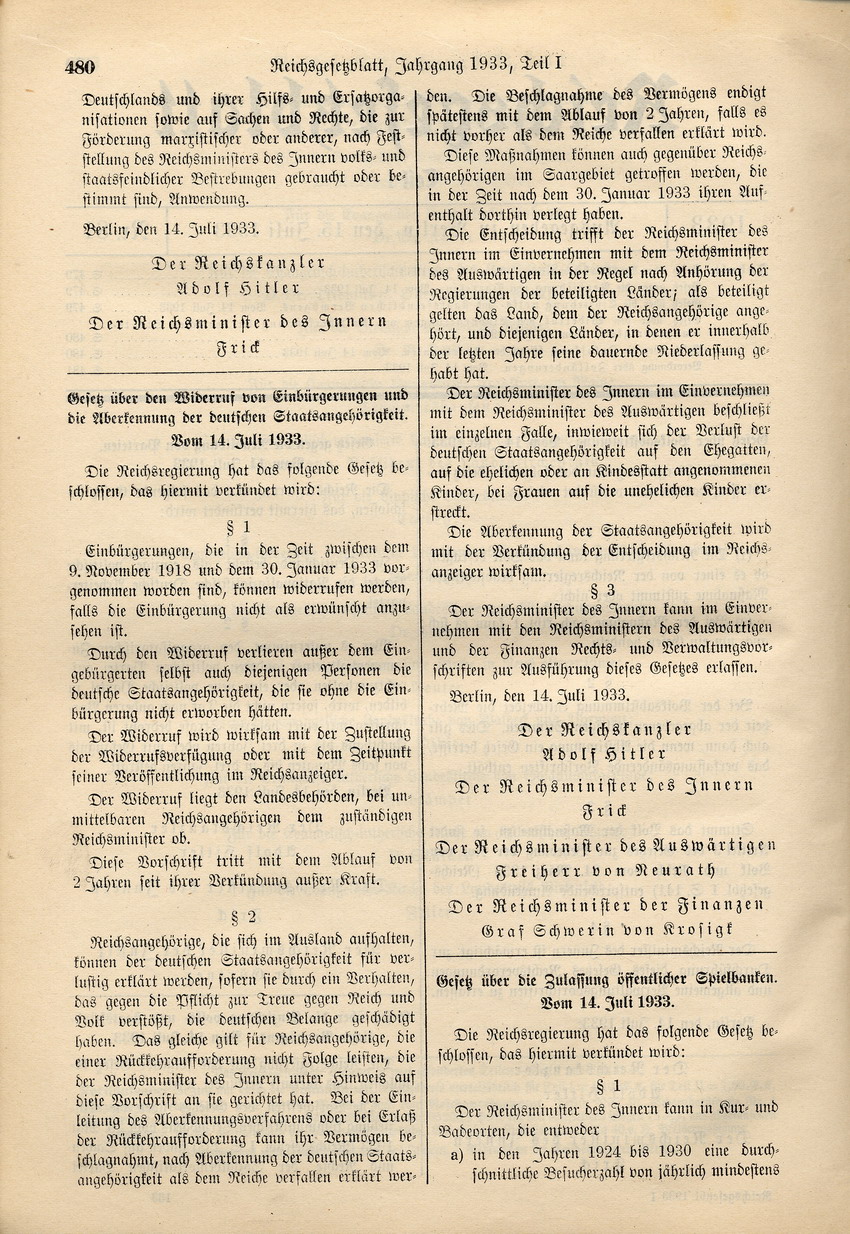 Gesetz über den Widerruf von Einbürgerungen und die Aberkennung der deutschen Staatsangehörigkeit, 14. Juli 1933.