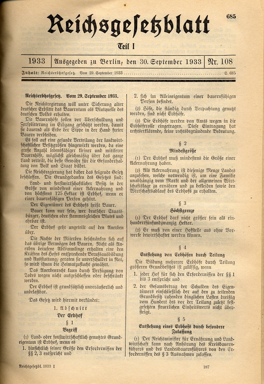 Reichserbhofgesetz, 29. September 1933.