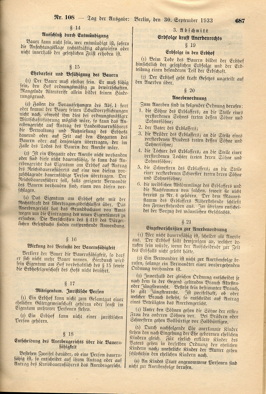 Reichserbhofgesetz, 29. September 1933.