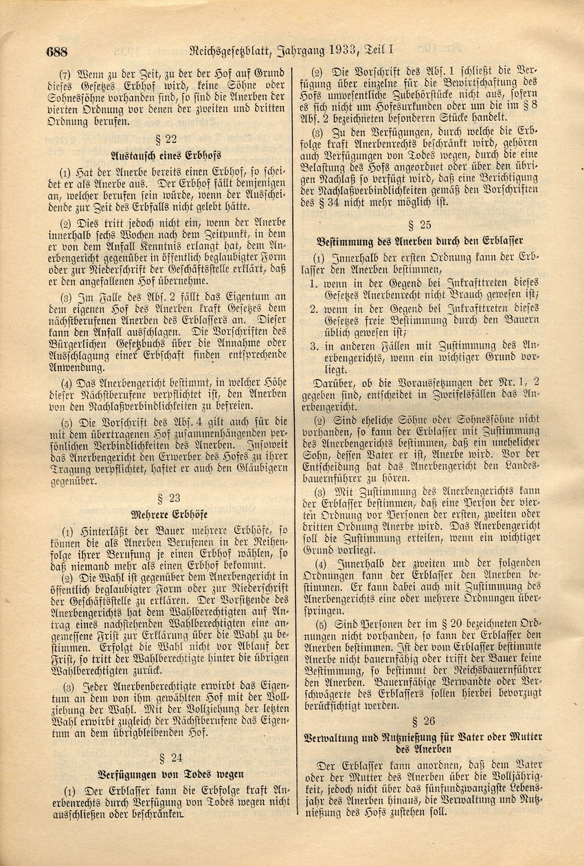 Reichserbhofgesetz, 29. September 1933.