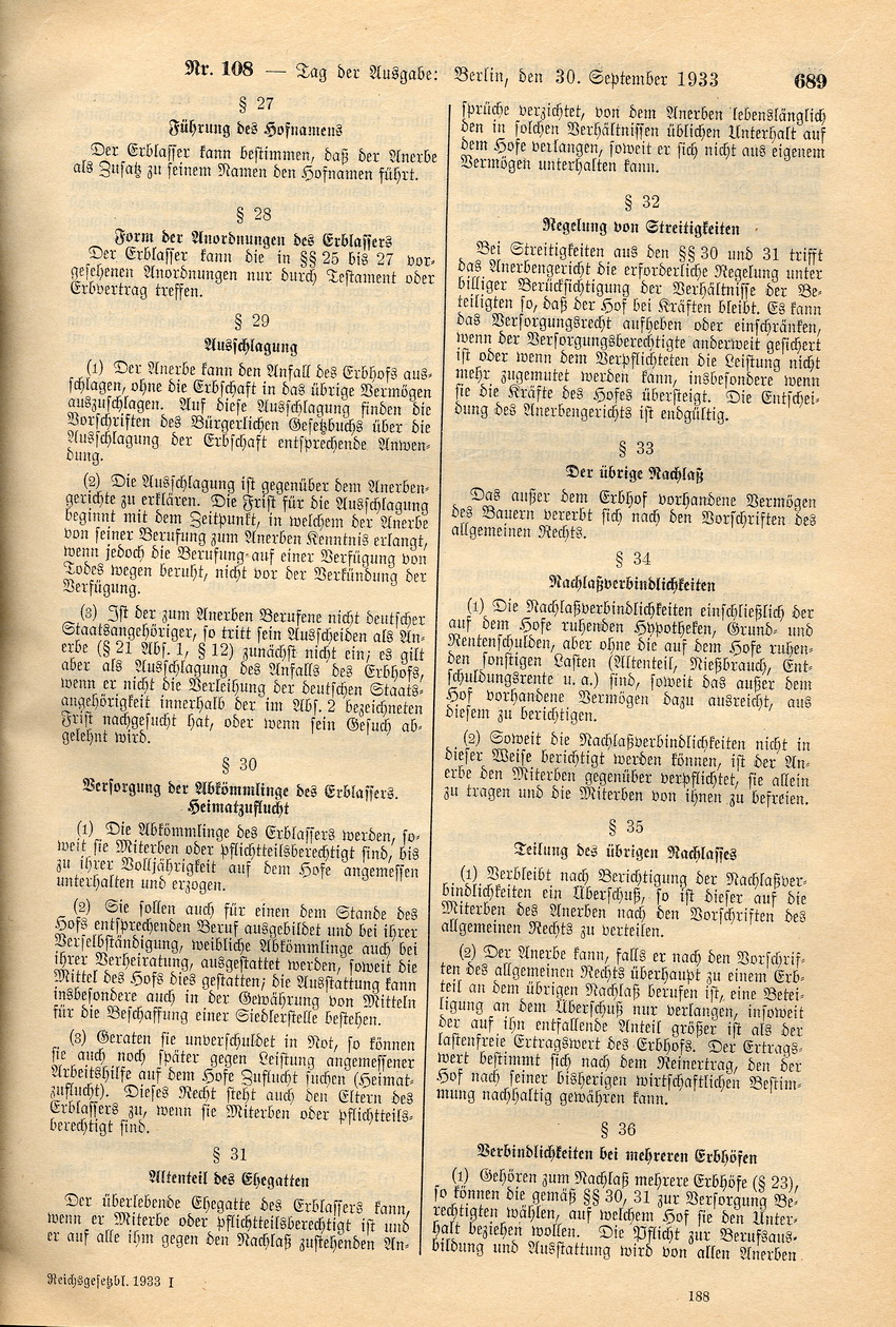 Reichserbhofgesetz, 29. September 1933.