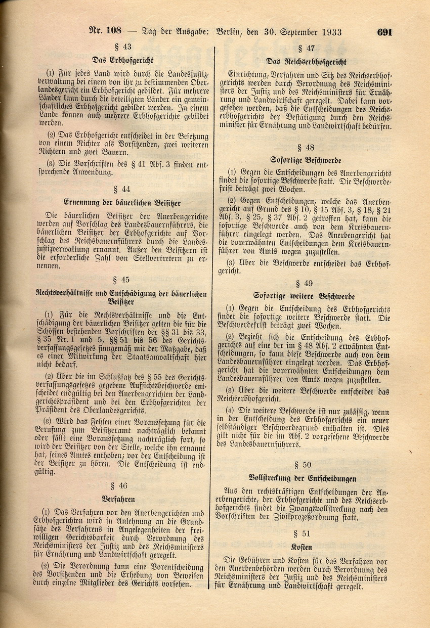 Reichserbhofgesetz, 29. September 1933.
