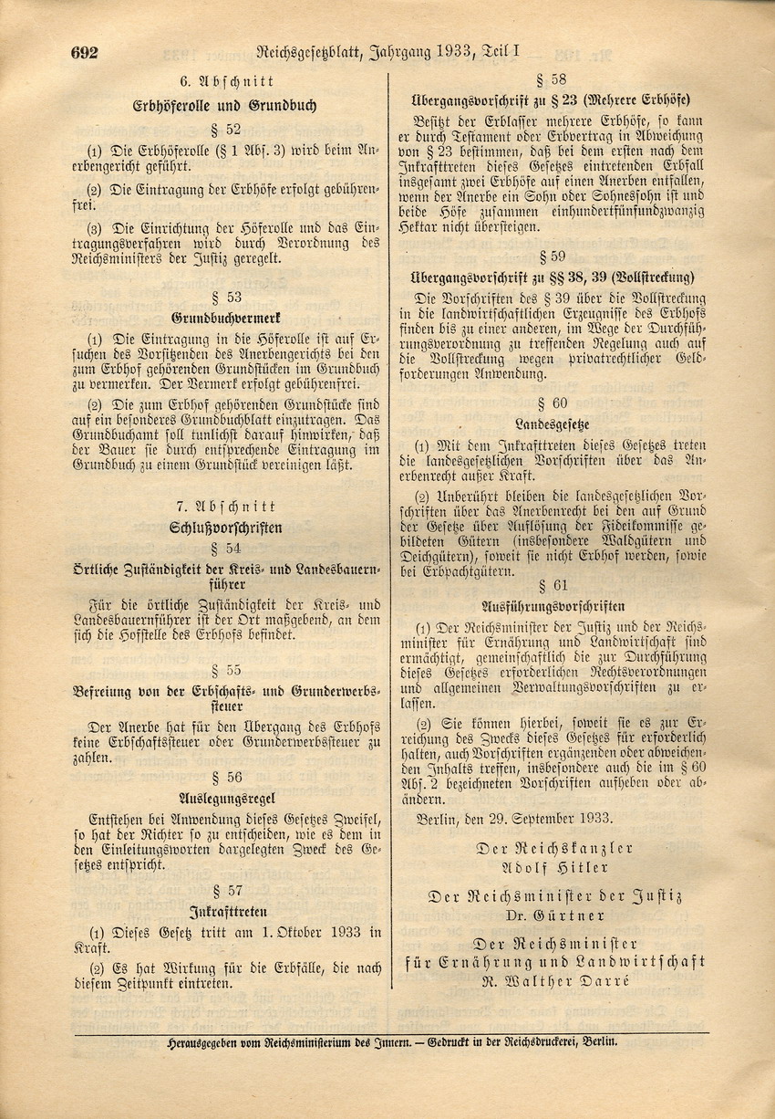 Reichserbhofgesetz, 29. September 1933.