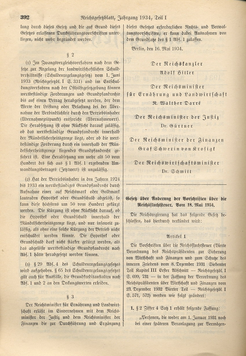 Gesetz über Änderung der Vorschriften über die Reichsfluchtsteuer, 18. Mai 1934.