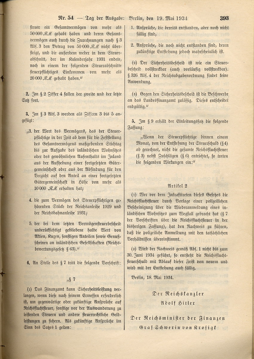 Gesetz über Änderung der Vorschriften über die Reichsfluchtsteuer, 18. Mai 1934.