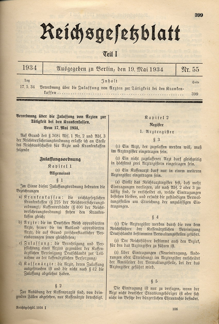 Verordnung über die Zulassung von Ärzten zur Tätigkeit bei den Krankenkassen, 17. Mai 1934.