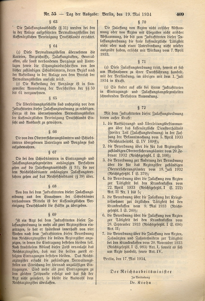 Verordnung über die Zulassung von Ärzten zur Tätigkeit bei den Krankenkassen, 17. Mai 1934.
