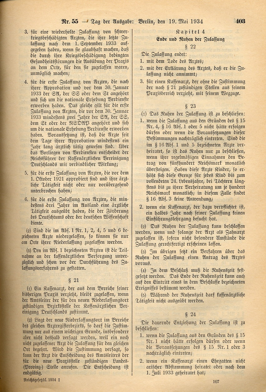 Verordnung über die Zulassung von Ärzten zur Tätigkeit bei den Krankenkassen, 17. Mai 1934.