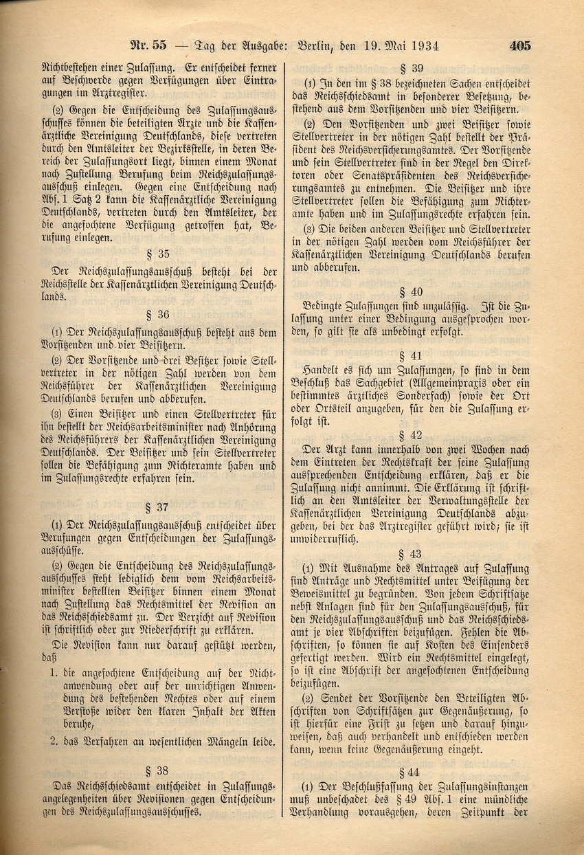 Verordnung über die Zulassung von Ärzten zur Tätigkeit bei den Krankenkassen, 17. Mai 1934.