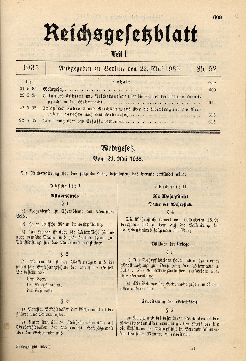 Wehrgesetz: "Arische" Abstammung Voraussetzung für den aktiven Wehrdienst, 21. Mai 1935.