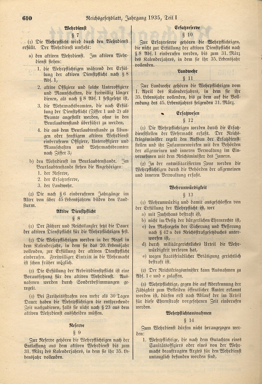 Wehrgesetz: "Arische" Abstammung Voraussetzung für den aktiven Wehrdienst, 21. Mai 1935.