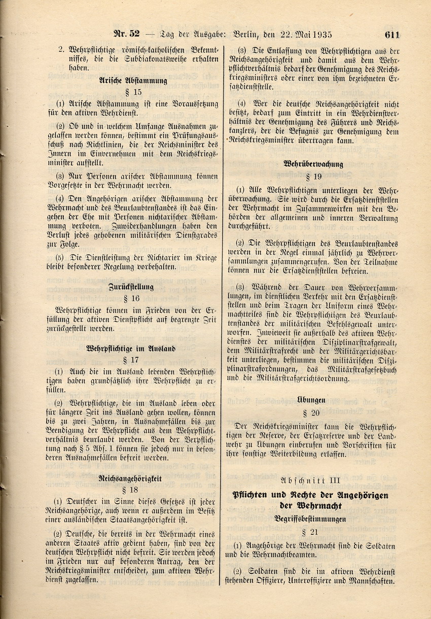 Wehrgesetz: "Arische" Abstammung Voraussetzung für den aktiven Wehrdienst, 21. Mai 1935.