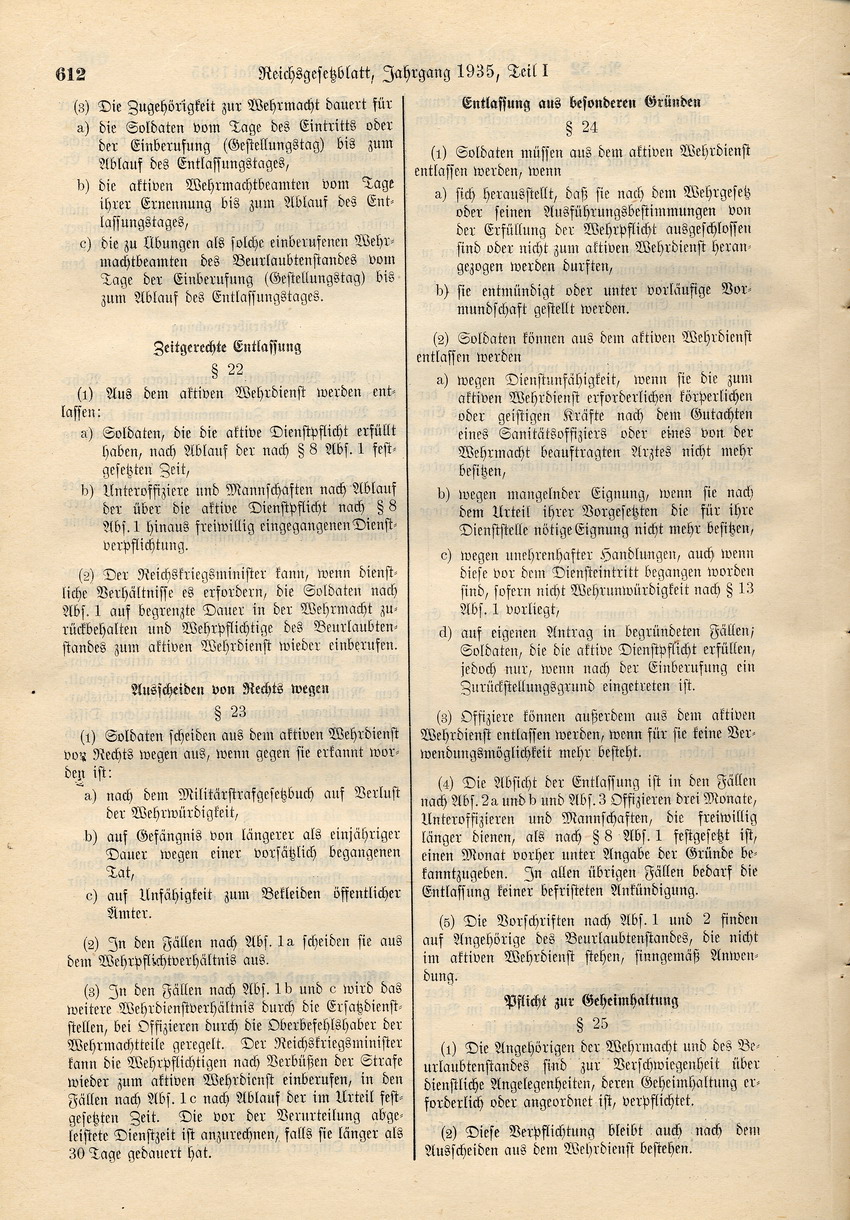 Wehrgesetz: "Arische" Abstammung Voraussetzung für den aktiven Wehrdienst, 21. Mai 1935.