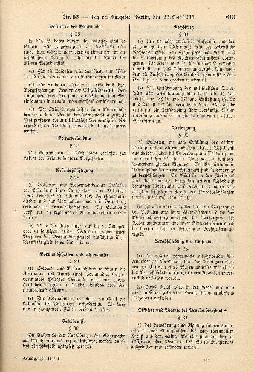 Wehrgesetz: "Arische" Abstammung Voraussetzung für den aktiven Wehrdienst, 21. Mai 1935.
