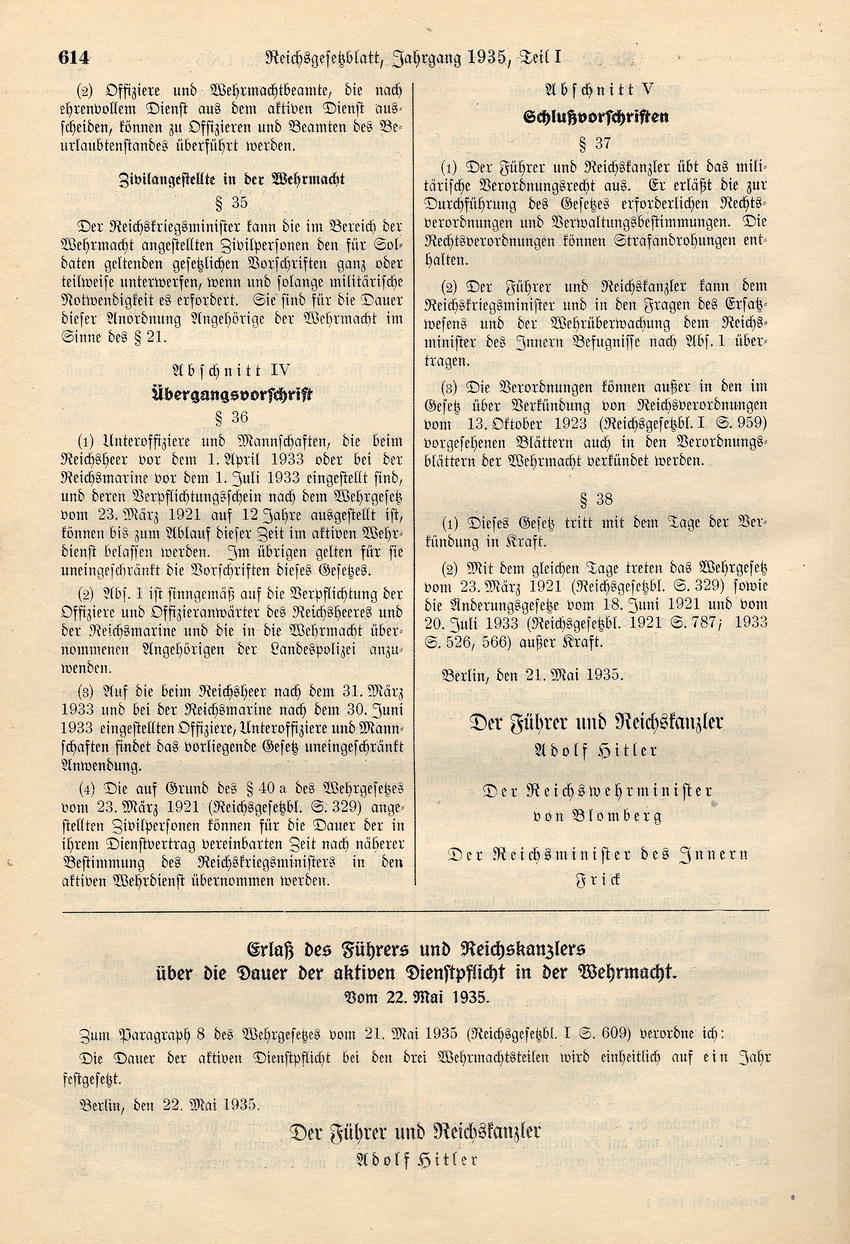 Wehrgesetz: "Arische" Abstammung Voraussetzung für den aktiven Wehrdienst, 21. Mai 1935.