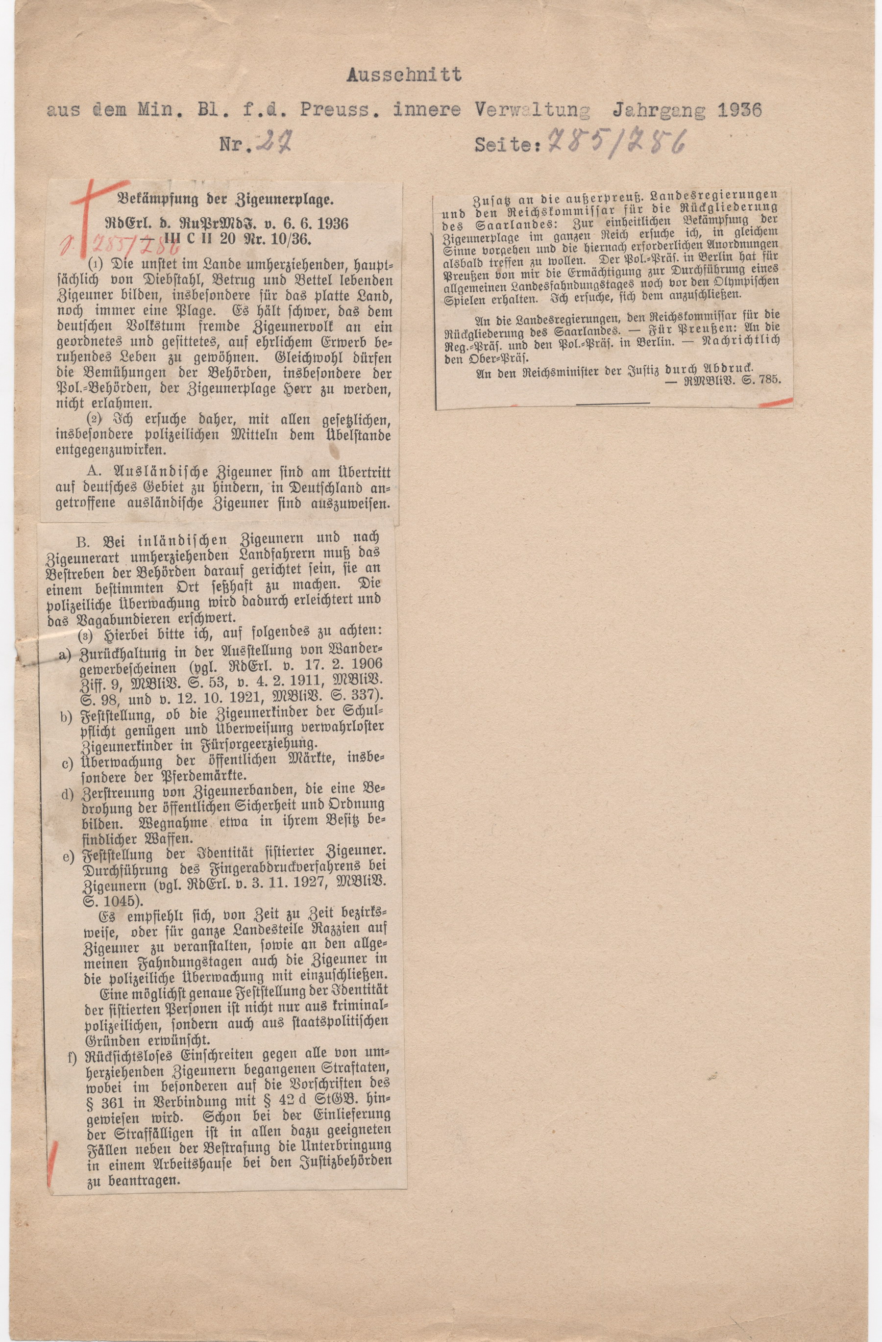 Runderlass des Reichs- und Preußischen Ministers des Innern zur "Bekämpfung der Zigeunerplage", 6. Juni 1936